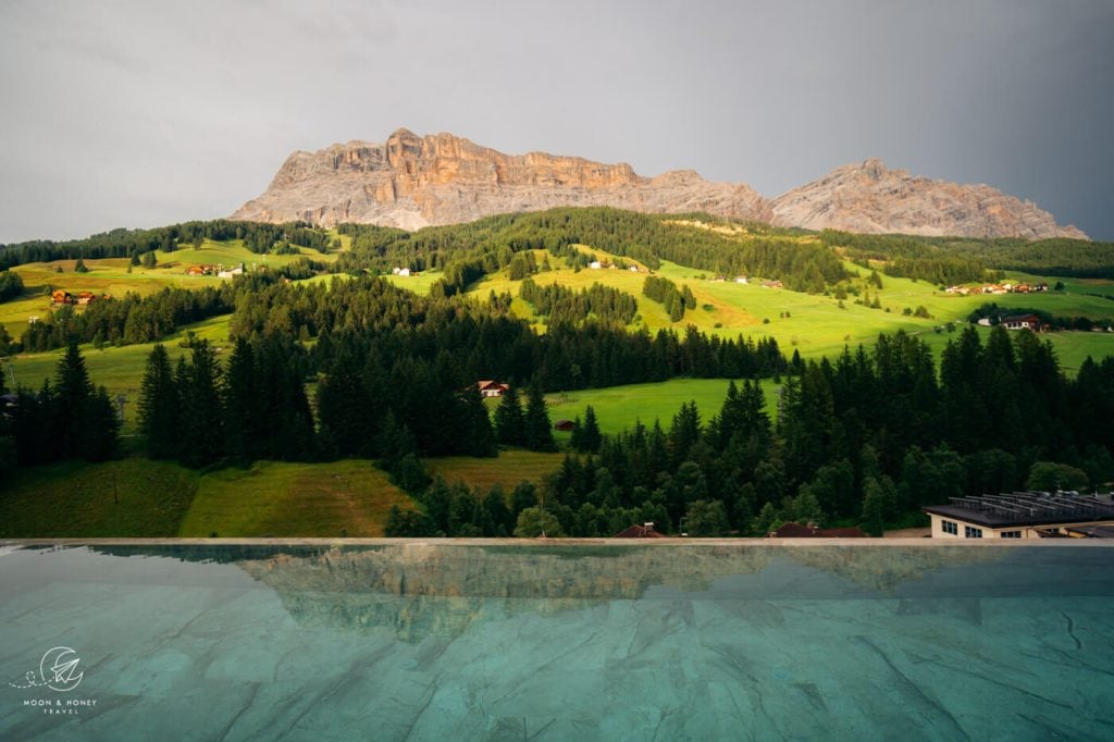 Hotel Badia Hill infinity swimming pool, Alta Badia, Dolomites