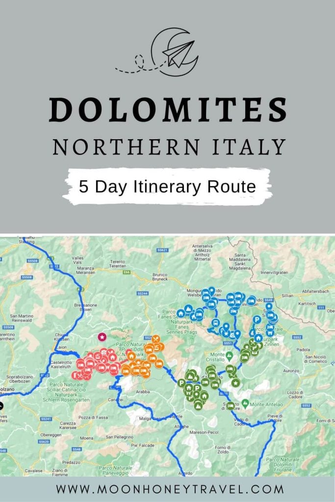 5 Day Dolomites Itinerary Route and Map, Northern Italy