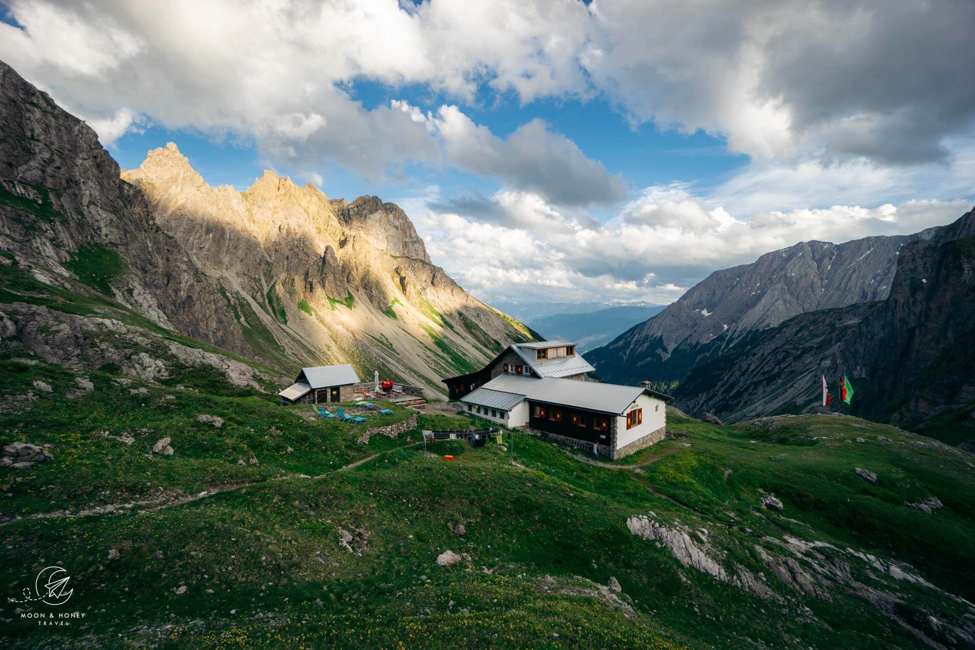 Württemberger Haus sunset, Eagle Walk mountain hut, Lechtal Alps, Tyrol, Austria