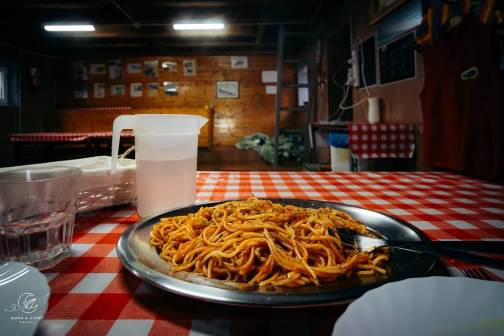 Pasta dinner at Refugio Jou de los Cabrones, Picos de Europa, Spain