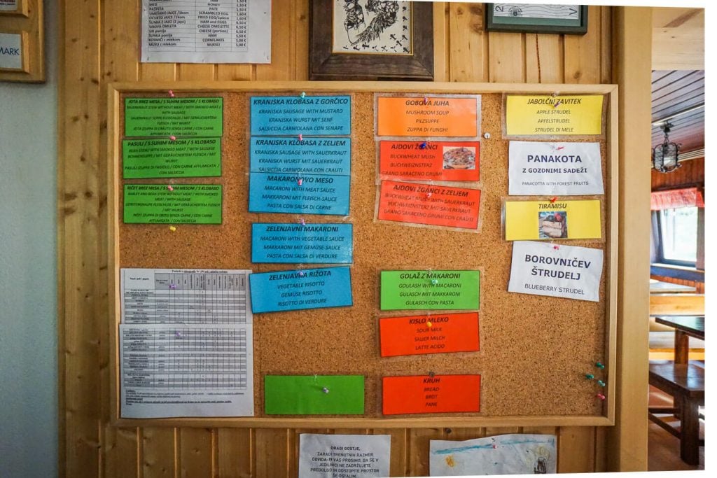 Trigliva Lakes Hut Menu, Slovenia