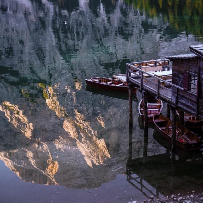 Lago di Braies sunrise, Dolomites, Italy