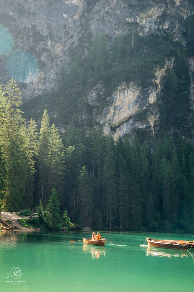 Lake Prags rowboats, Summer, Dolomites, Northern Italy