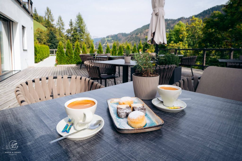 Coffee on the terrace of Les Dolomites Mountain Lodges, Longiarù Lungiarü