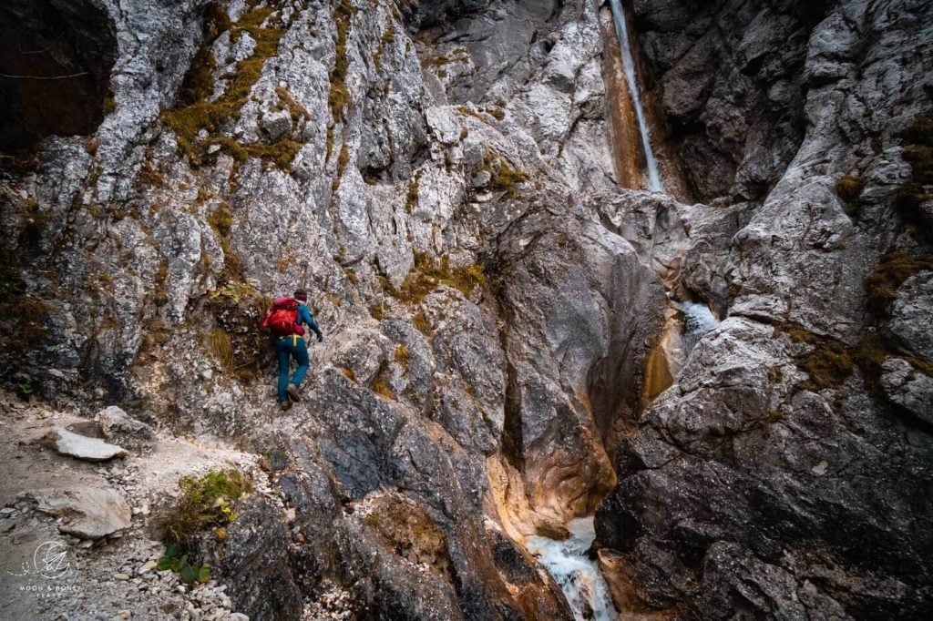 Climbing to the Upper Martuljek Waterfall pool, Slovenia