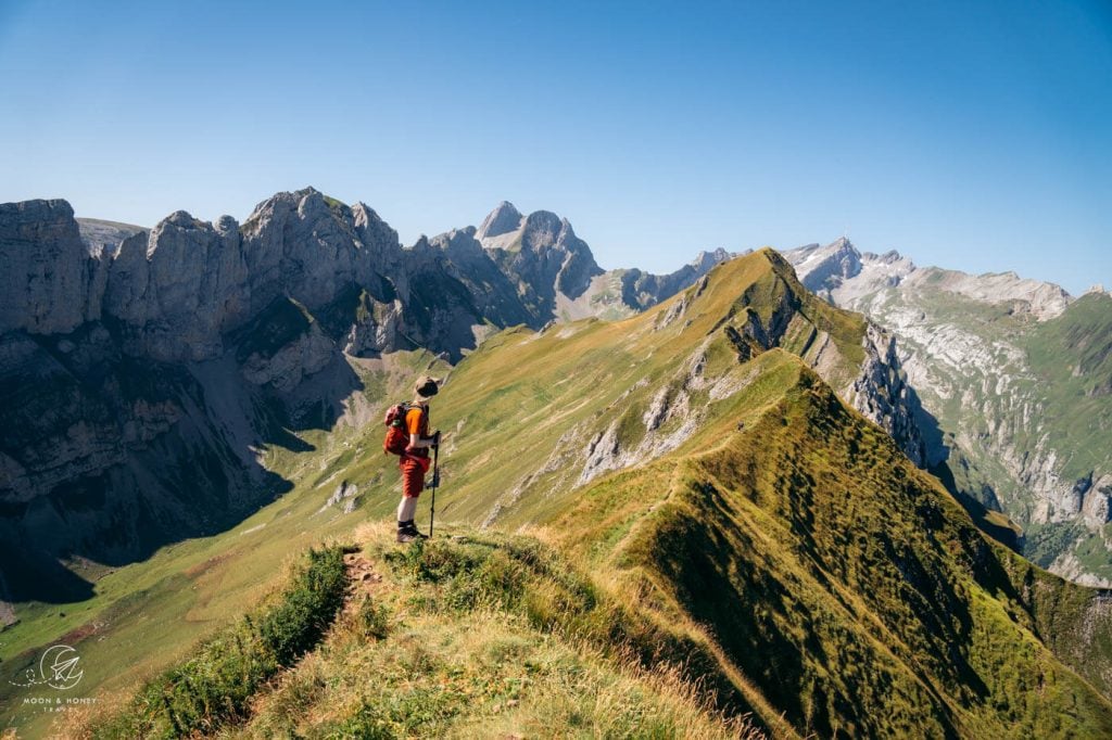 Hiker on the Marwees Ridge Trail, Alpstein, Appenzell, Switzerland 