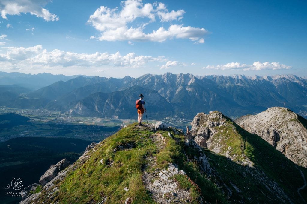 Nockspitze summit ridge, overlooking Inntal and Karwendel, Austria