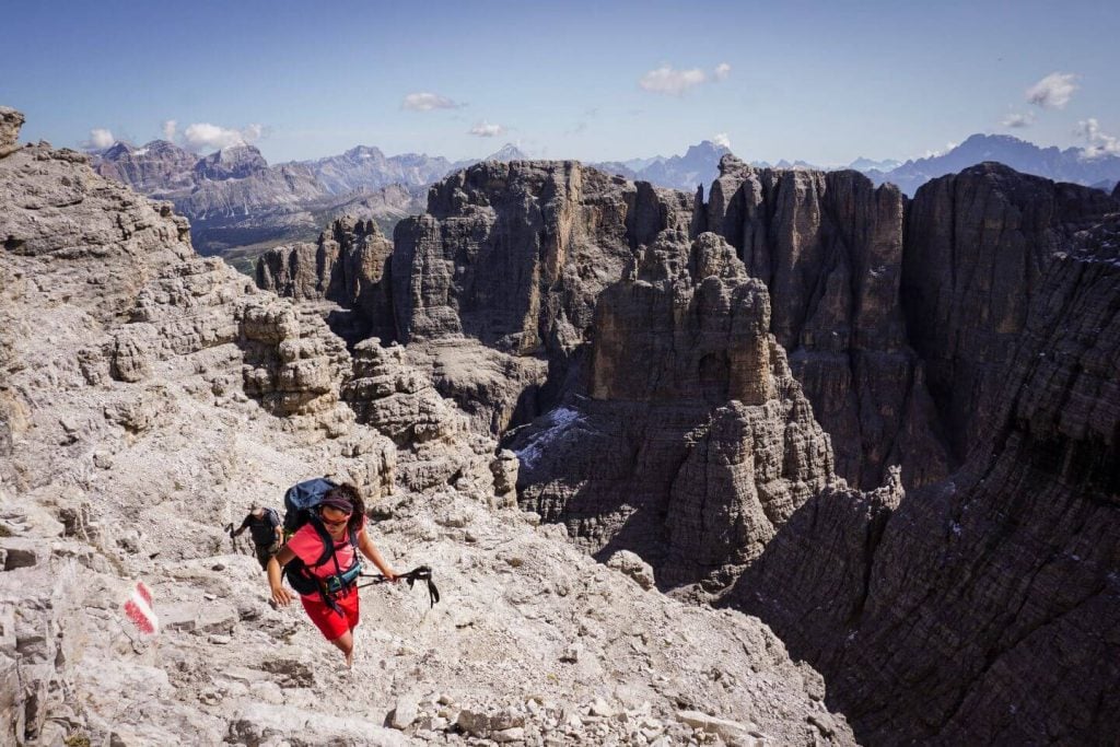 Hiking up to Cima Pisciadù peak, Sella Group, Italian Dolomites