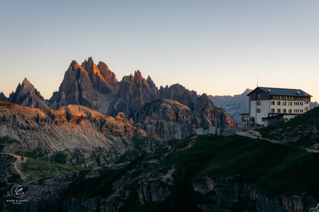 Rifugio Auronzo at sunset, Cadini di Misurina, Dolomites