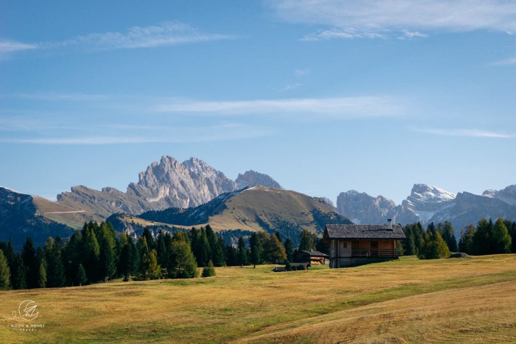 Geisler Peaks from Alpe di Siusi hiking trail, Dolomites