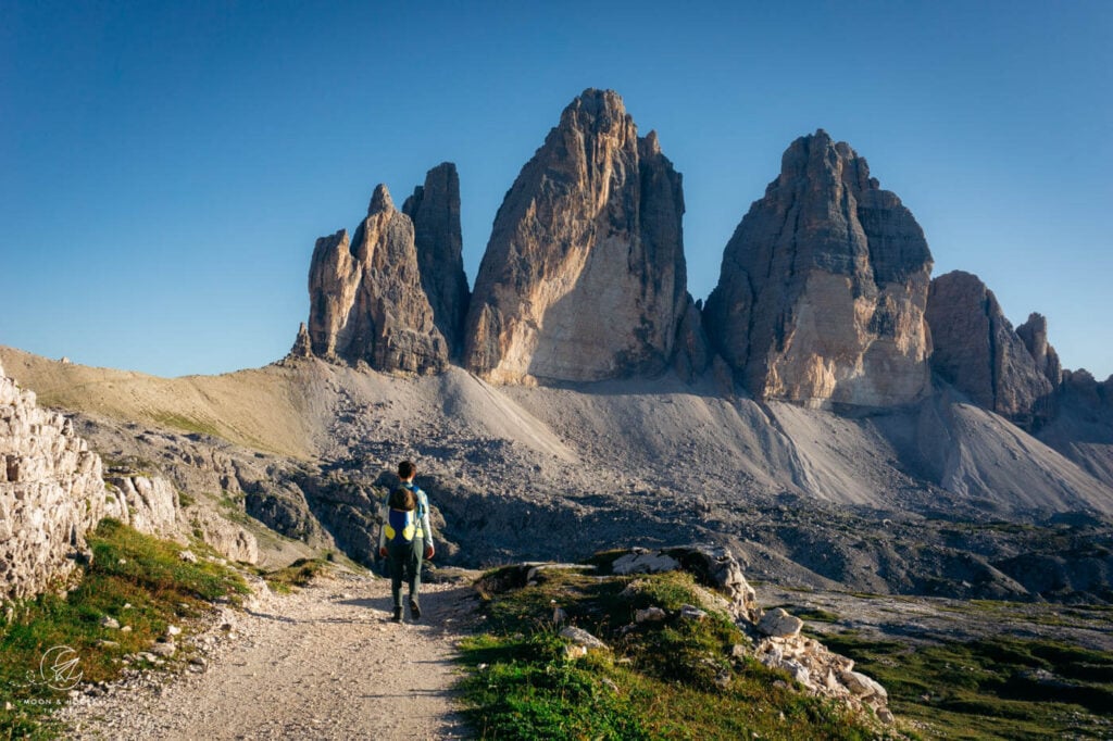 Walking the Tre Cime di Lavaredo Drei Zinnen hiking trail, Golden Hour, Dolomites