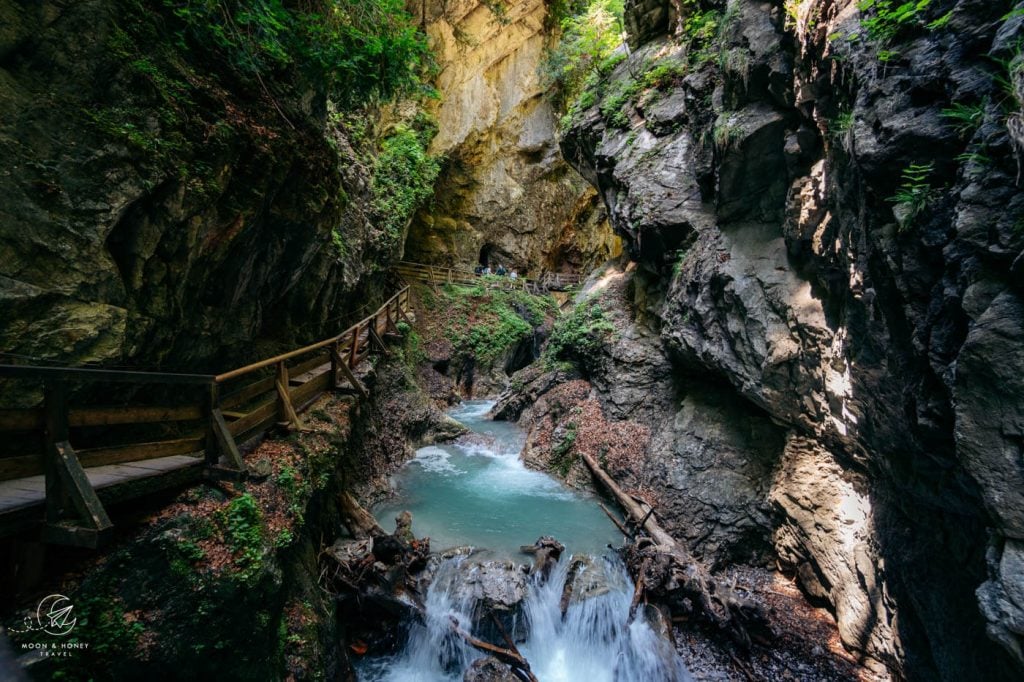 Wolfsklamm Gorge, Timber-bolstered trail and stream, near Innsbruck, Austria