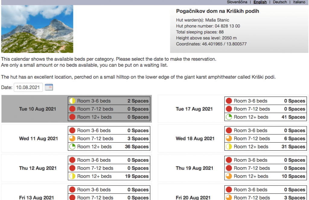 Slovenian Hut Alpsonline Booking Platform