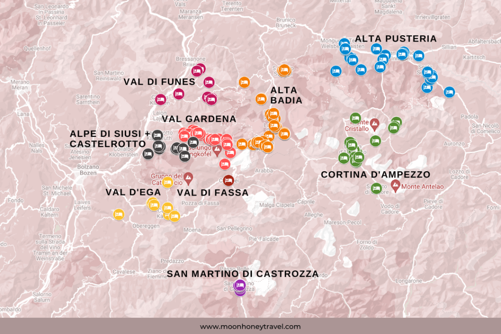 Where to Stay in the Dolomites Map: best areas, towns, accommodations